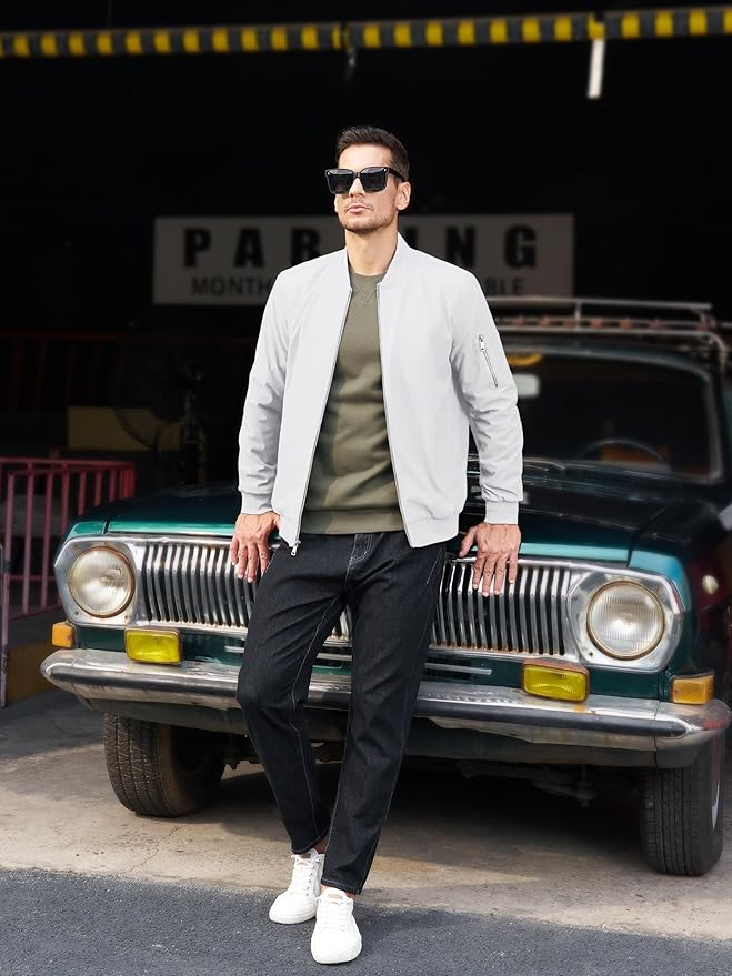 TACVASEN Mens Bomber Jacket Plaid Lined Casual Windbreaker Stylish Light Fall Spring Jackets Windproof Zip Up Coat