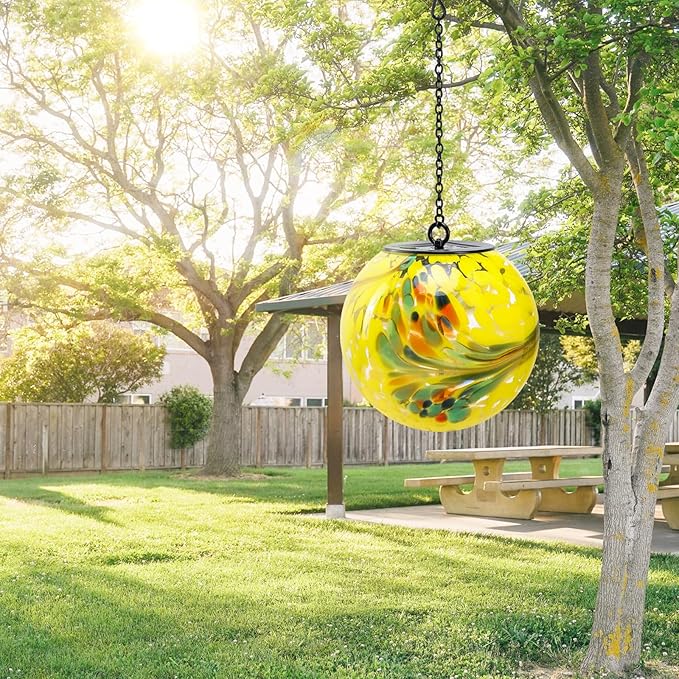 Solar Hanging Lanterns Outdoor Solar Glaze Glass Lantern Gazing Ball Globe Hanging Outdoor Lights for Garden Yard Home Decoration Yellow