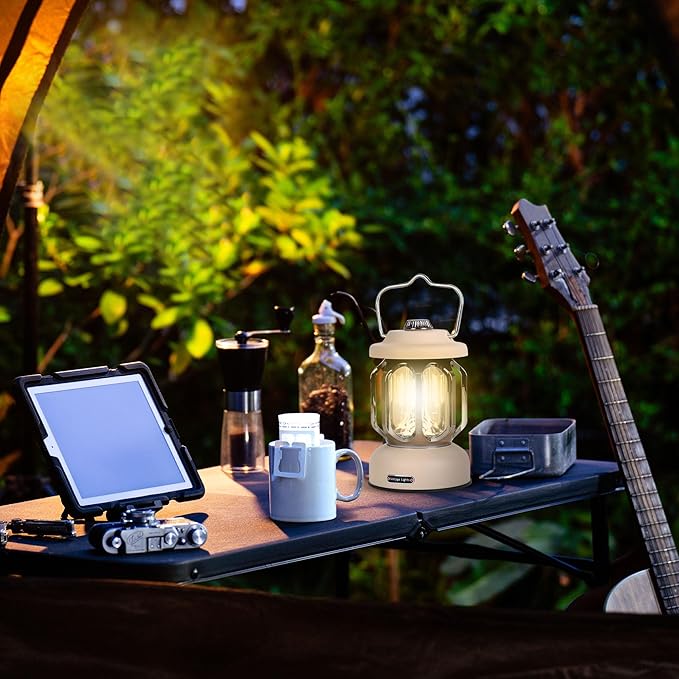 Rechargeable LED Camping Lanterns, 2000mAh Vintage Camping Lights Battery Operated Rechargeable , Hanging Retro Metal Hiking Tent Lamp for Emergency, Hurricane,Decoration,Home,White,1 Pack