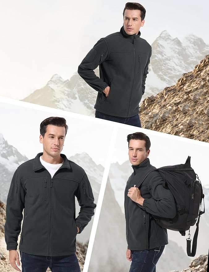 CRYSULLY Men's Fleece Jacket Tactical Full-Zip Winter Coat Jackets Multi Pockets