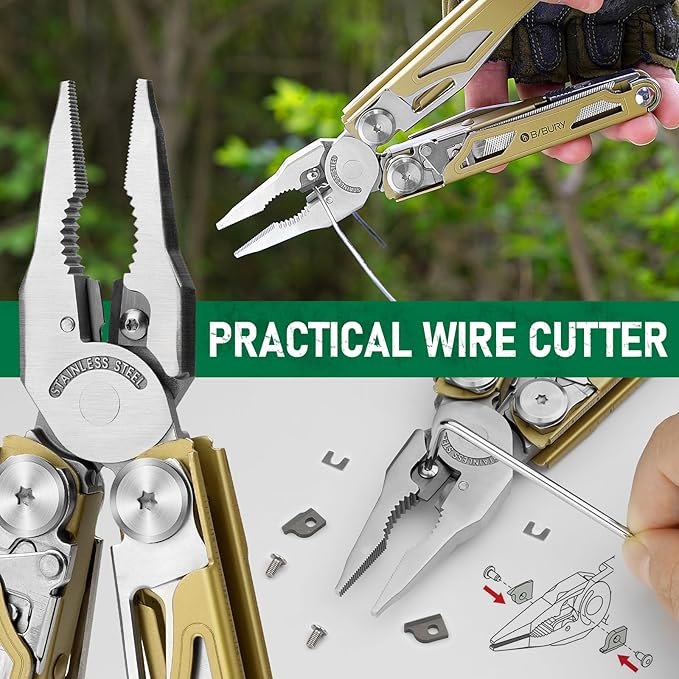 BIBURY Multitool Pliers Pro BI2045, Foldable Multitools with Replaceable Wire Cutters and Saw, Stainless Steel Multi Tool w/Upgraded Scissors and Screwdriver Set, Ideal for Camping, Hiking, Survival