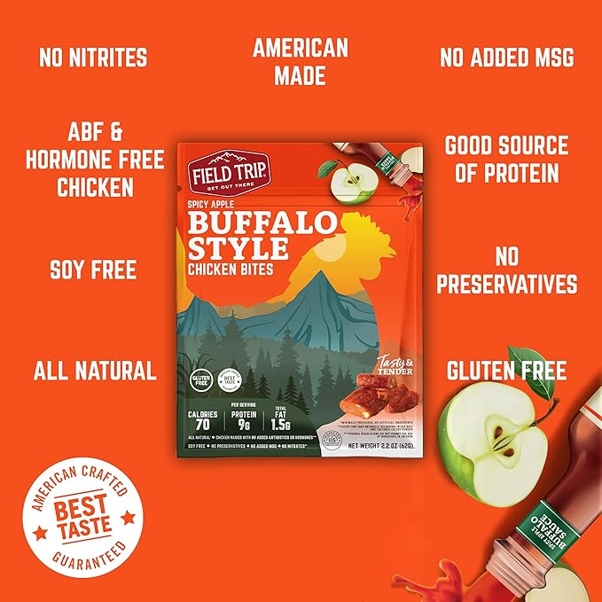 Field Trip Chicken Jerky Bites, All Natural and Gluten Free, Keto and Paleo-Friendly Healthy Snack, Low Calorie, High Protein Snacks with No Nitrates, 2.2oz Bag, 4 Pack, Spicy Buffalo Style