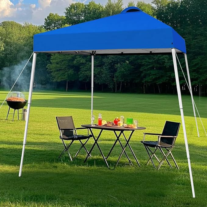8x8 Top Pop Up Canopy Tent with Central Lock Design, Slant Legs, Backpack, Easy Outdoor Sun Shade for Events, Parties, Camping(Blue)