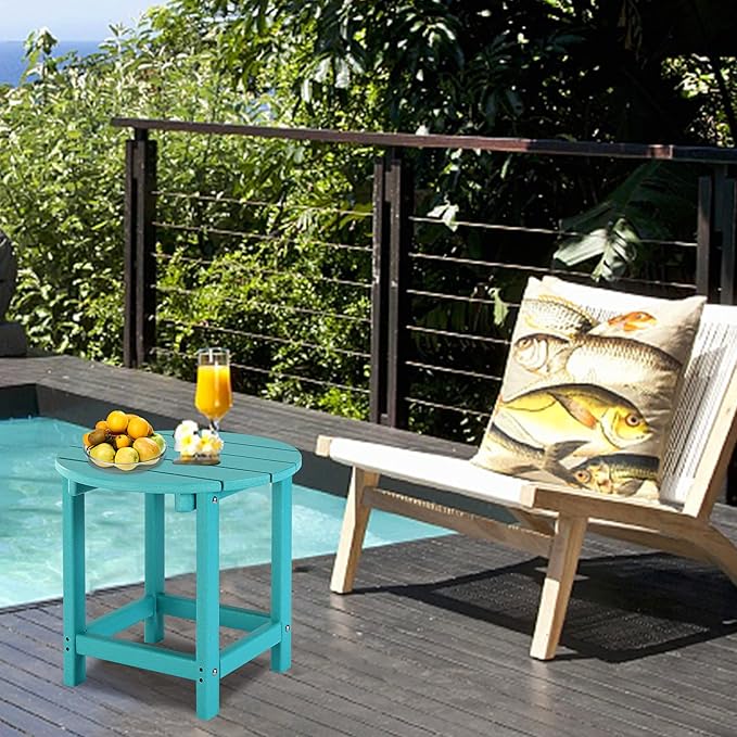 LZRS Round Adirondack Patio Side Table End Table, Outdoor Side Tables for Patio, Backyard,Pool, Indoor Companion, Easy Maintenance & Weather Resistant(Turquoise)