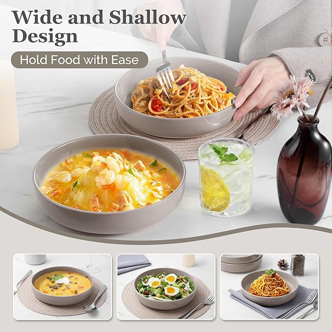 HaWare Pasta Bowls Set of 6, 33oz Large Salad Bowls for Home Kitchen, Ceramic Serving Plates for Soup, Cereal, Scratch-resistant Wide and Shallow Dinner Bowl, Microwave & Dishwasher Safe, Cream Coffee