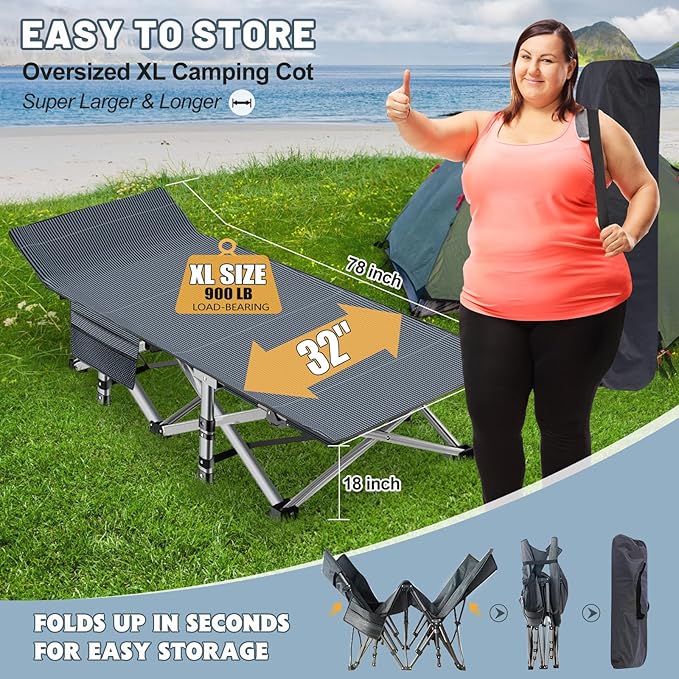 Slsy Oversized XXL Folding Camping Cot for Adults with Pad, Padded Portable Sleeping Cots, Camp Bed with Carry Bag for Outdoor Travel, Beach, Hiking