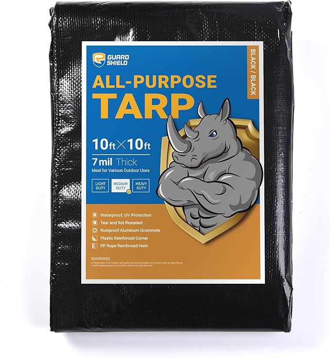 GUARD SHIELD Black Tarp Waterproof 10x10 Feet Medium Duty All Purpose Poly Tarps Cover 7mil