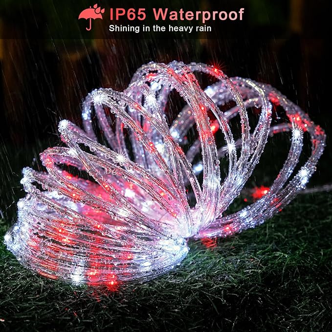 JMEXSUSS 200 LED Solar Rope Lights, 72ft IP 65 Outdoor Waterproof Christmas Lights With 8 Modes, Red and White for Fence Yard Walkway