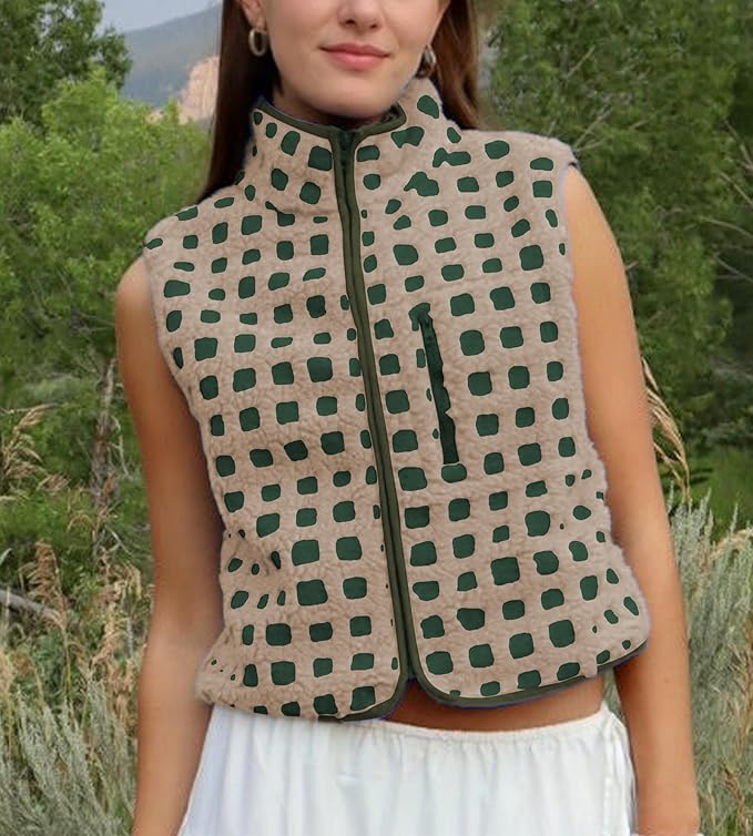 Colorful world Womens Checkered Sherpa Vest Fleece Jacket Lightweight Zip Up Sleeveless Crochet Plaid Gilet with Pocket