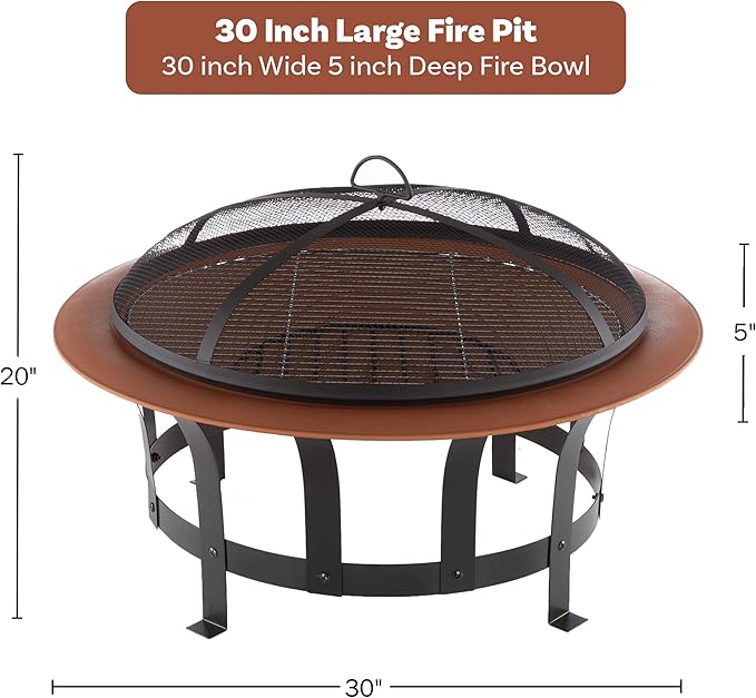 Pure Garden Outdoor Fire Pit - 30” Wood Burning Firepit with High-Temp Copper Finish, Screen, Poker, and Grate - Fire Pits & Outdoor Fireplaces