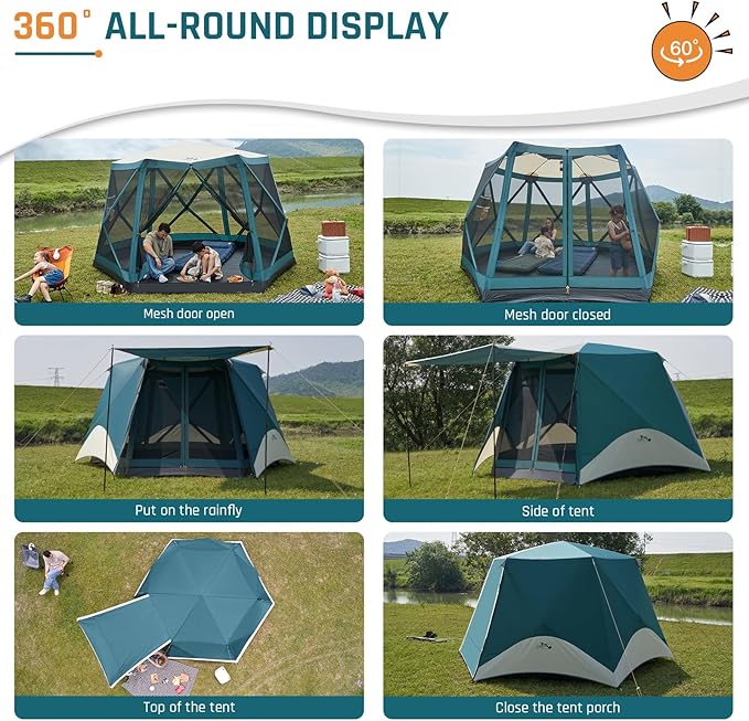 Instant Tents for Camping Pop Up Screen Tent with Floor, 6 Person Large Family Camping Tent with Rainfly and Porch, Easy 60S Setup Hub Tent for Outdoor Picnic Backyard, 11.5'L x 10'W x 6.83'H