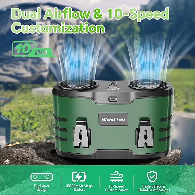Waist Fan, Portable Wearable Belt Personal Fan Lightweight 20000mAh Up to 40H Work Time LED Light 10 Speeds Dual Brushless Motor One-Button Shutdown Hands Free for Fishing Hiking Camping Traveling