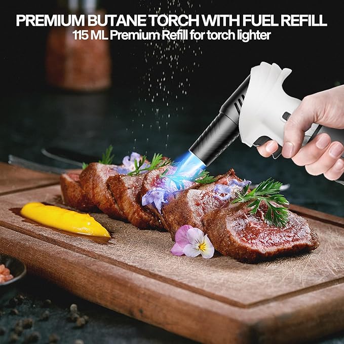 Butane Torch Lighter, 0-90°Rotating Angle Butane Lighter, Refillable Kitchen Torch with Safety Lock, Adjustable Flame for Soldering (White & Black-2 Pack)