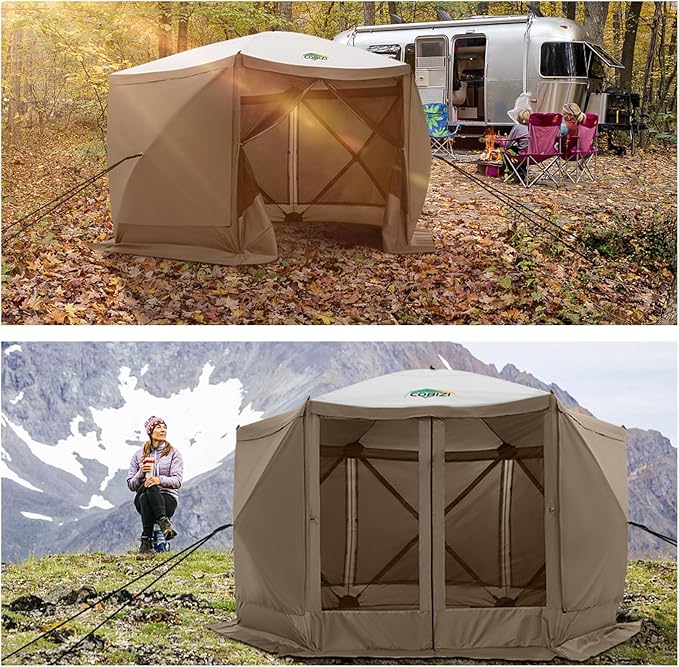 COBIZI 12x12ft Pop up Gazebo Screen Tent Screen House for Camping, Camping Outdoor Screened Gazebo with Sidewalls, Portable Hub Tent with Carrying Bag and Ground Stakes, Brown(Upgraded 2.0)