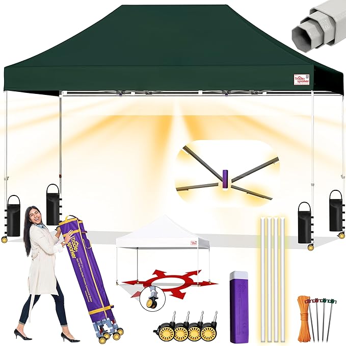 Tradesparker 10x15 Pop Up Canopy Tent,Easy up Commercial Canopy Tent Instant Shelter for Beach Events Parties Camping Market,Pop Up Canopies with LED Curtain+Casters+Weight+Stakes,Forest Green