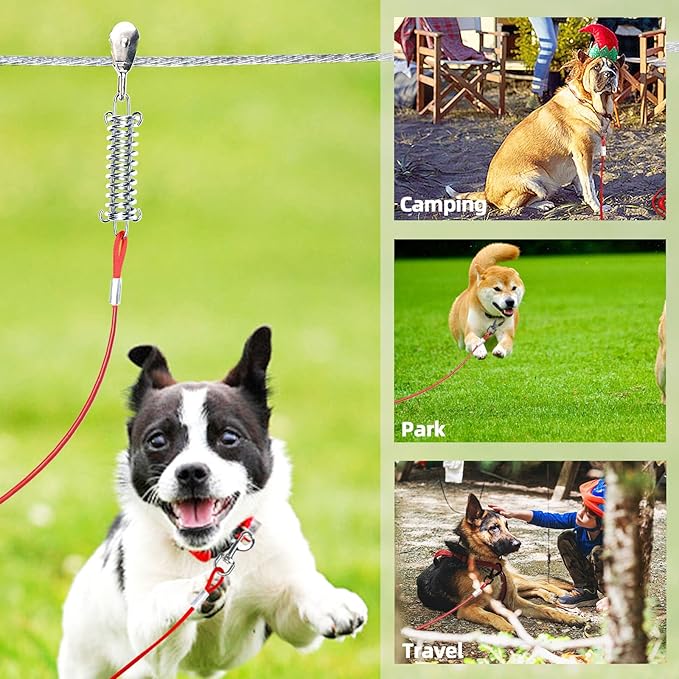 Dog Tie Out Runner for Yard,Trolley System for Large Dogs,Heavy Duty Dog Run Cable Lead 150ft with 10ft Pulley Runner Line for Small Medium and Large Dogs Up to 125lbs Running Outside Yard or Camping
