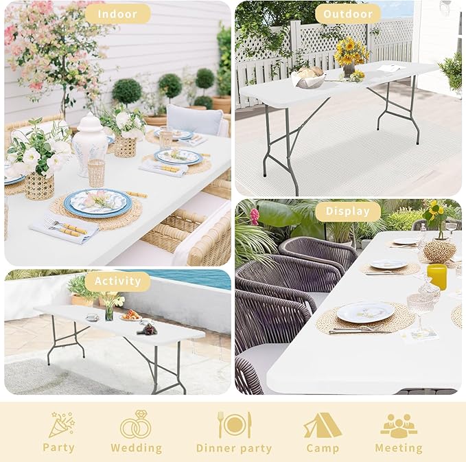 Set of 2 Folding Table 6 FT Lightweight Camping Table Portable Plastic Rectangular Outdoor Dining Table Steel Legs Fold-in-Half with Carrying Handle for Indoor,Picnic,Party,Wedding,Events(White)