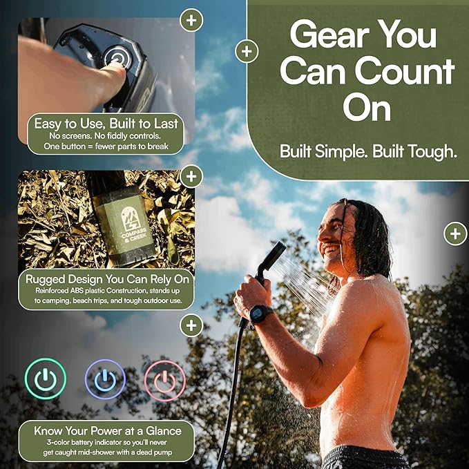 Camping Shower Pump Kit – Portable High Pressure Outdoor Shower with Long Lasting 90 Min Battery and 3.9 Gal Collapsible Bucket, Includes Cleaning Attachment for Camp Dishes, Gear, Travel and Hiking