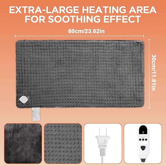 Heating Pad for Back & Period Cramps Relief, Electric Heat Pad for Neck and Shoulder, 9 Adjustable Heat, Machine Washable,Birthday Christmas Gifts for Women Men Mom Dad (Grey, 12" x 24")