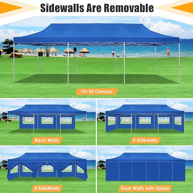HOTEEL Tents for Parties 10x30 Pop Up Canopy Tent Heavy Duty with 8 Sidewalls, Commercial Party Tent Event Wedding Instant Canopy Waterproof with Carry Bag, UV 50+, Thicked Hexagonal Legs, Blue