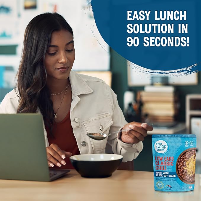 The Good Bean Heat and Eat Pouch - Low-Carb Classic Chili - (4 Pack) 10 oz Pouch - Simmered Black Soybeans with Chili Powder - Pre-Cooked Beans with Good Source of Plant Protein and Fiber