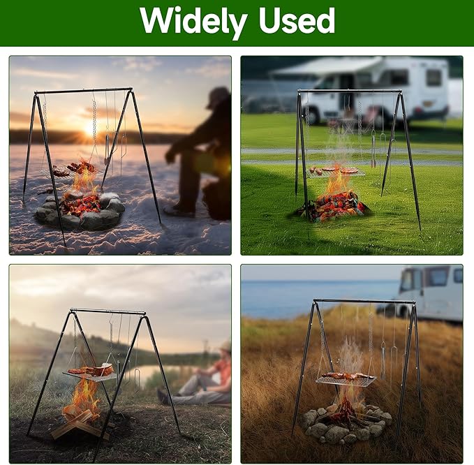 Campfire Tripod for Cooking, Portable & Collapsible Camping Cooking Tripod Grill with Round Grate for BBQ Picnic Outdoor Cookware Party (Swing Campfire Grill Stand)