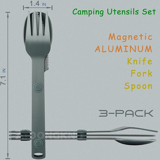 Magnetic Camping Utensil Set, Aluminum Cutlery Set, Knife, Fork & Spoon, Travel Utensils for Camping, Cooking, and Outdoor Dining, 3-Pack, Gray