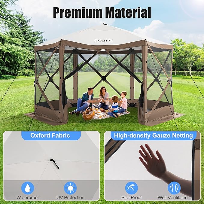 COBIZI 12x12ft Pop up Gazebo Screen Tent Screen House for Camping, Camping Outdoor Screened Gazebo with Sidewalls, Portable Hub Tent with Carrying Bag and Ground Stakes, Brown(Upgraded 2.0)