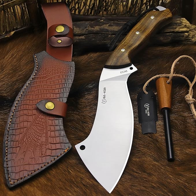 BA-KOR USA (Savior III) 8mmDC53 steel 35CM (14 ") full Tang fixed knife with leather sheath and (5.9 ") ceria ignition head, suitable for outdoor hunting, camping, clearing, adventure, fishing, EDC, BBQ (BA-K0d(8mm))