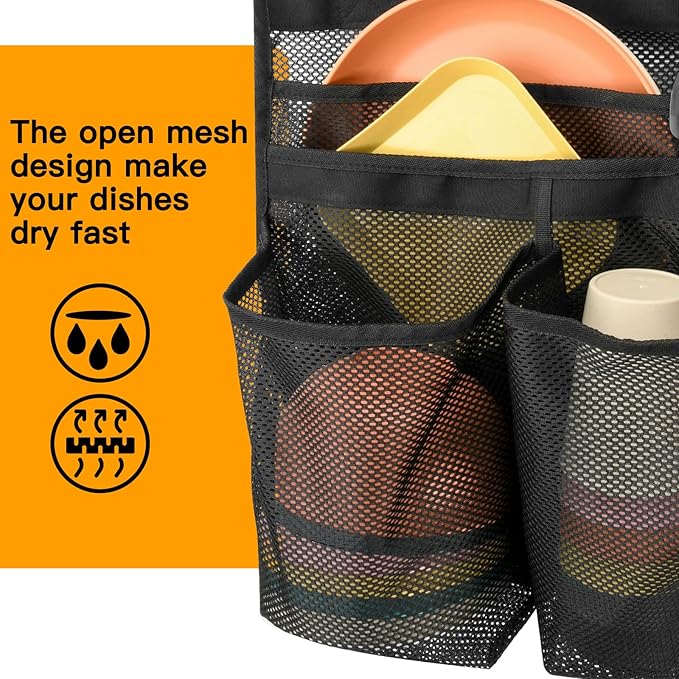 Xxerciz Camping Dish Drying Bag Collapsible Dish Drying Rack, Portable Mesh Dinnerware Drainer Organizer for RV Campers Travel Trailers Space Saving Camping Kitchen Storage Rack