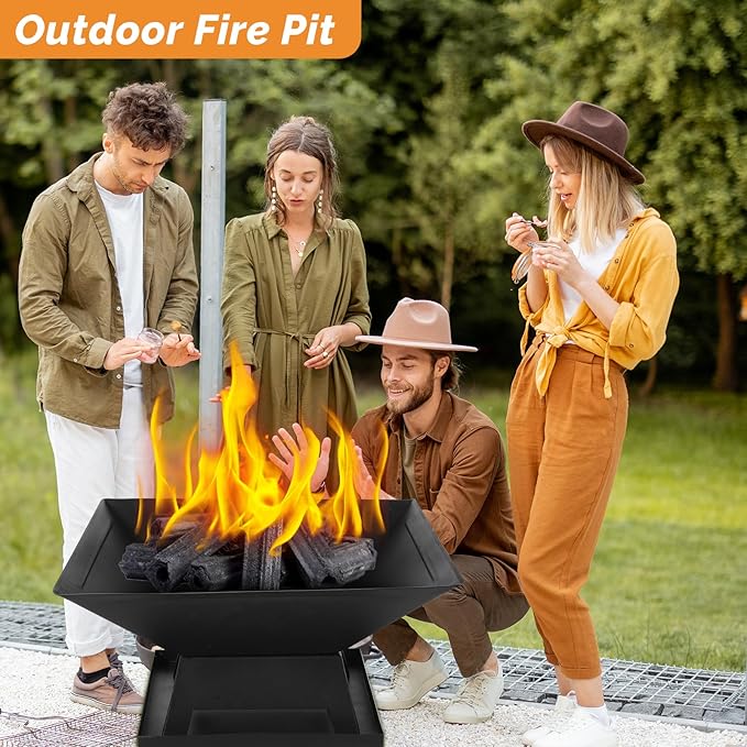 Small Fire Pit for Outside Wood Burning,Fire Bowls with Firproof Mat, Backyard Black Square Ourdoor Bonfire Pit with Waterproof Cover for Outside Patio Camping (Black, 22 INCH)