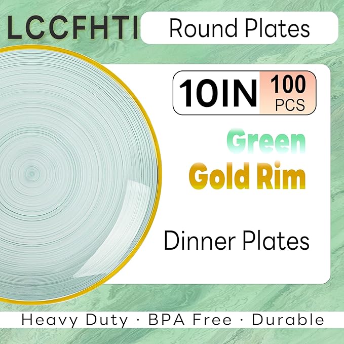 100PCS Transparent Green Gold Plastic Plates, 10 Inch Heavy Duty Disposable Dinner Plate with Gold Rim, Round Party Plates for Wedding, Party, Camping, Picnic, Birthday