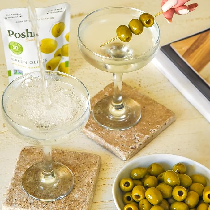 Poshi Green Olives On-The-Go - Original Flavor - Single Serve Pitted Olives - Convenient and Healthy Snack Packs - All Natural, Non-GMO, Kosher, Gluten-Free - 1.1 Oz Bags (30/Pack)