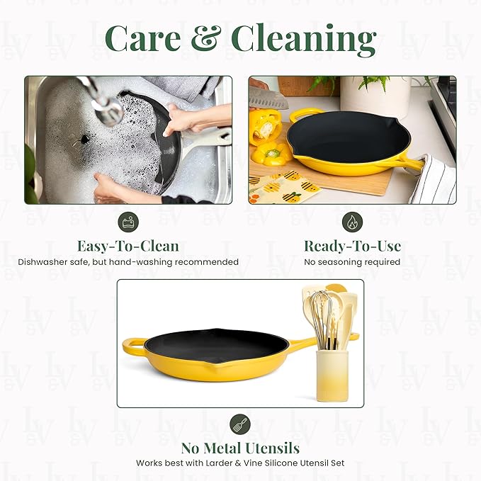 Larder & Vine Enameled Cast Iron Skillet | 10.25 in Cast Iron Pan | Saute Pan with Pour Spouts | Enamel Coated Skillet | Compatible on All Cooktops & Oven Safe to 500F | Limoncello