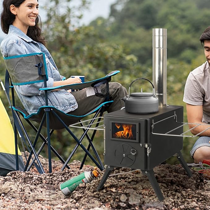 Portable Wood Burning Stove for Camping, Stainless Steel Chimney Pipe, Outdoor Heating & Cooking Hot Tent Stove for Hunting, Ice Fishing & Backpacking