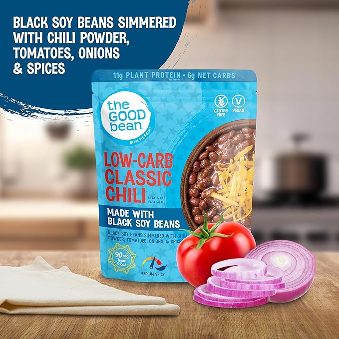 The Good Bean Heat and Eat Pouch - Low-Carb Classic Chili - (4 Pack) 10 oz Pouch - Simmered Black Soybeans with Chili Powder - Pre-Cooked Beans with Good Source of Plant Protein and Fiber
