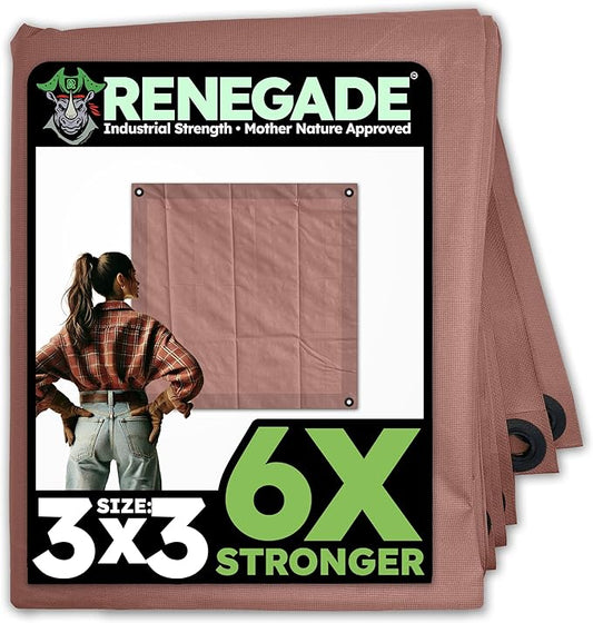 RENEGADE Industrial Tarp 3x3 ft Brown – 6X Stronger, Waterproof, UV-Resistant, PFAS-Free – Heavy Duty Tarpaulin Cover for Camping, Construction, Gardening, Car & Equipment Protection