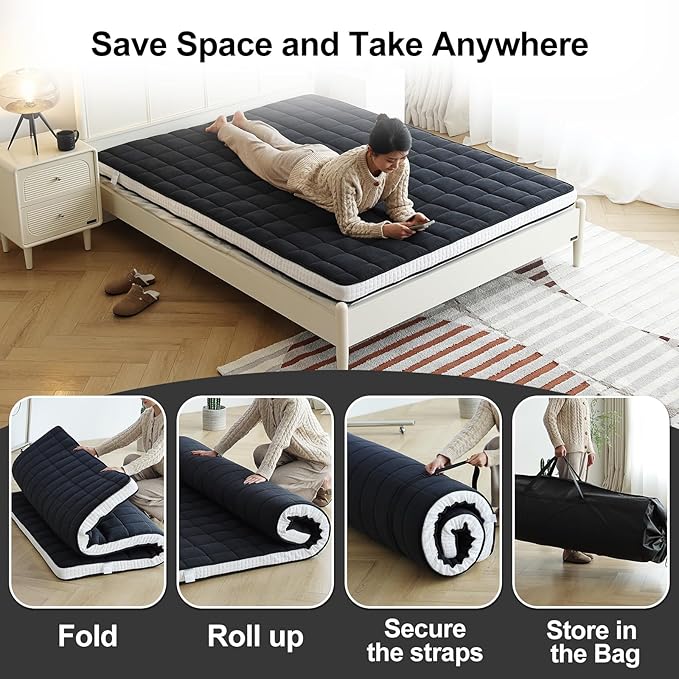 Tiita Japanese Floor Mattress, 4” Thicken Futon Mattress with Storage Bag and 2 Straps,Queen Size Sleeping Tatami Mat for Adults,Black
