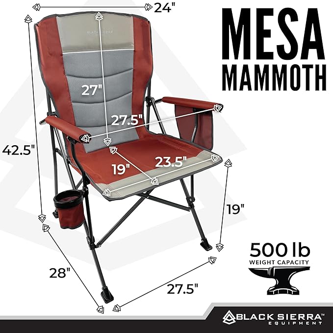 Black Sierra Oversized Camping Chair for Adults – Heavy Duty Folding Lawn & Beach Chair Supports 500 lbs, Hard Arms, Durable Steel Frame, Cup Holder, Portable Outdoor Seat for Tailgating or Patio