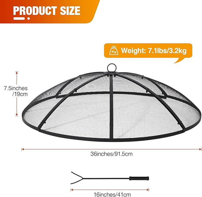 Lineslife Fire Pit Screen 36 Inch Round, Heavy Duty fire pit spark screen with Handle & Poker, Outdoor Firepit Screen Mesh Cover, Collapsible Metal Fire Pit Lid Top for Patio Backyard Beach RV Camping