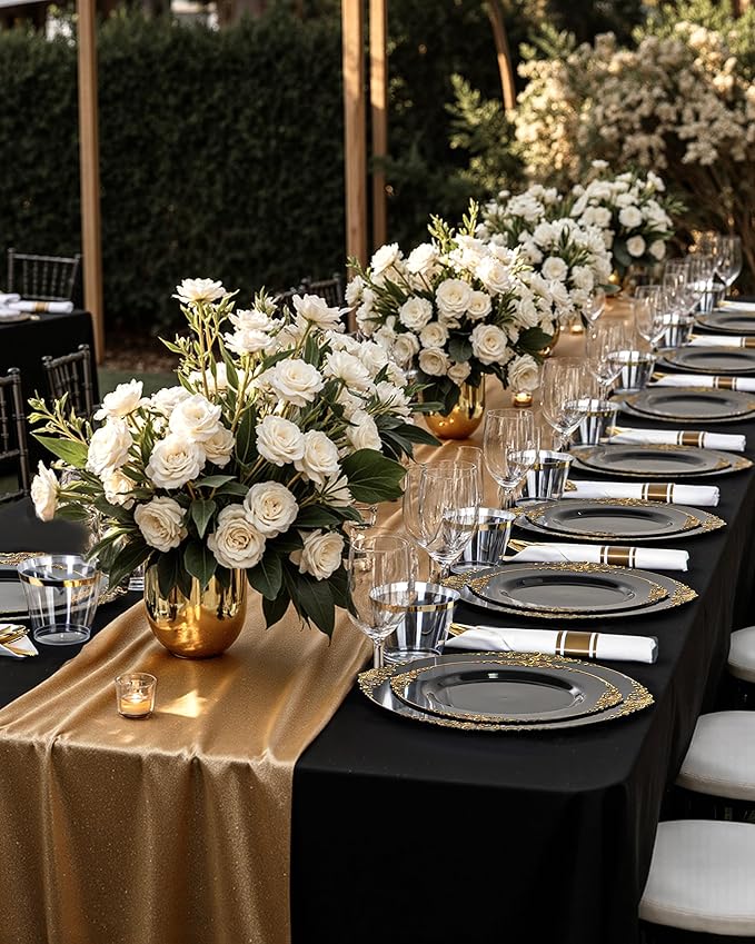 Nervure 175PCS Black Plastic Plates - Disposable Black Gold Party Plates & Pre Rolled Napkins with Cutlery for 25 Guests, 50Plates, 75Silverware, 25Cups, 25Napkin for Wedding & Party & Halloween
