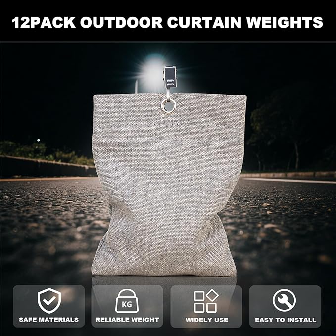 12Pack Curtain Weights, 16oz Outdoor Curtain Weights Bag, Drapery Weighted Bottom Gazebo Weights Sandbag with Holder Clip for Drapes Cabana Gazebo Pergola Garden (Gray)