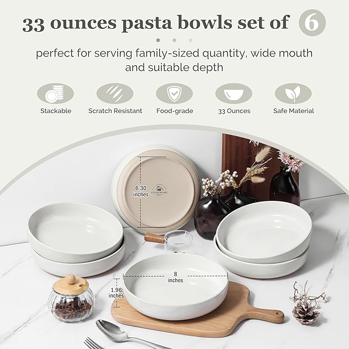 HaWare Pasta Bowls Set of 6, 33oz Large Salad Bowls for Home Kitchen, Ceramic Serving Plates for Soup, Cereal, Scratch-resistant Wide and Shallow Dinner Bowl, Microwave & Dishwasher Safe, Milky White