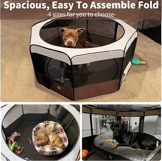 DONORO Dog Playpen Portable Pet Play Pens for Small Dog/Cat/Rabbit/Chicks, Cat Playpen Indoor/Outdoor with Carring Case, Removable Zipper Top and Bottom (Brown, Small (28"x28"x14"), 8)
