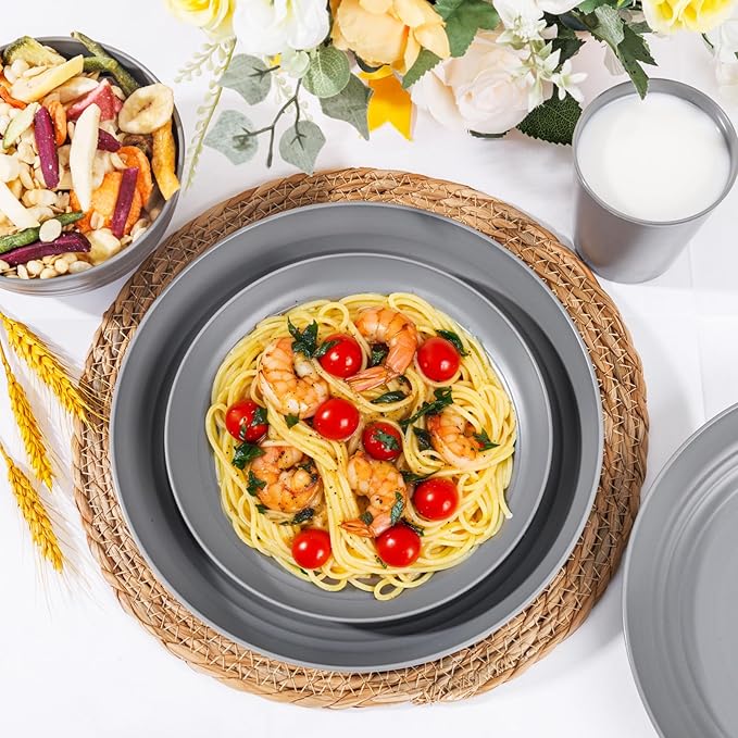 Supernal Dark Grey Wheat Straw Dinnerware Sets,16Pcs Unbreakable Reusable Plastic Wheat Straw Bowls & Plates Dinner Set, Plastic Dinnerware Set for 4, 8Plates, 4Bowls, 4Cups for Kitchen & Camping