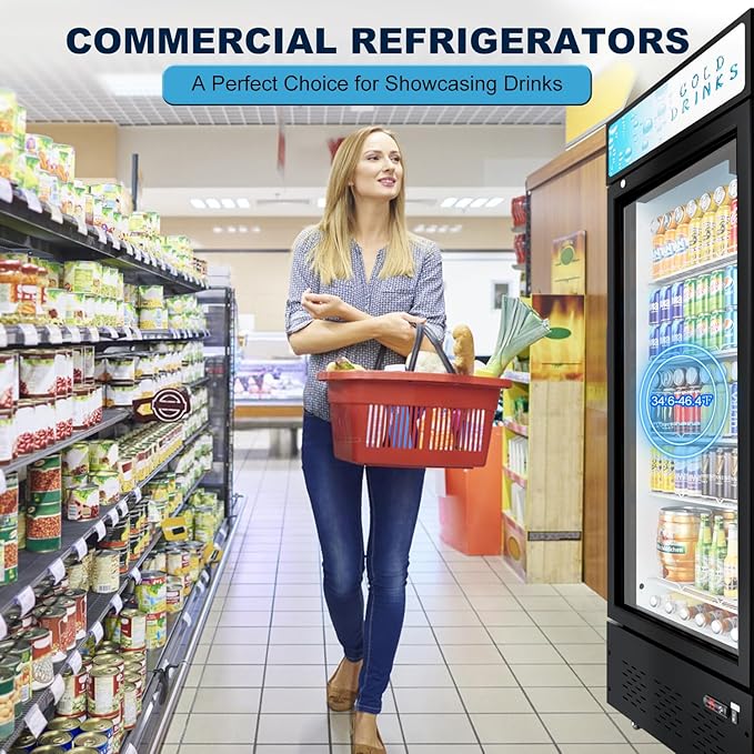 Commercial Glass Door Display Refrigerator 15 cu.ft Commercial Beverage Refrigerators with LED Light and 5 Shelves for Cafe, Restaurant, Store, Bar