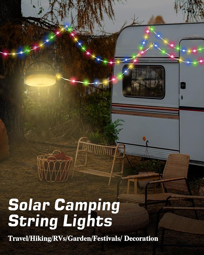 Anpro 4 in 1 Solar Camping String Lights, 32.8Ft Ultra Long Multi-Color LED String, 3600mAh Solar Powered and USB Rechargeable Light with Remote Control, Portable Camping Light for Hiking, Decoration