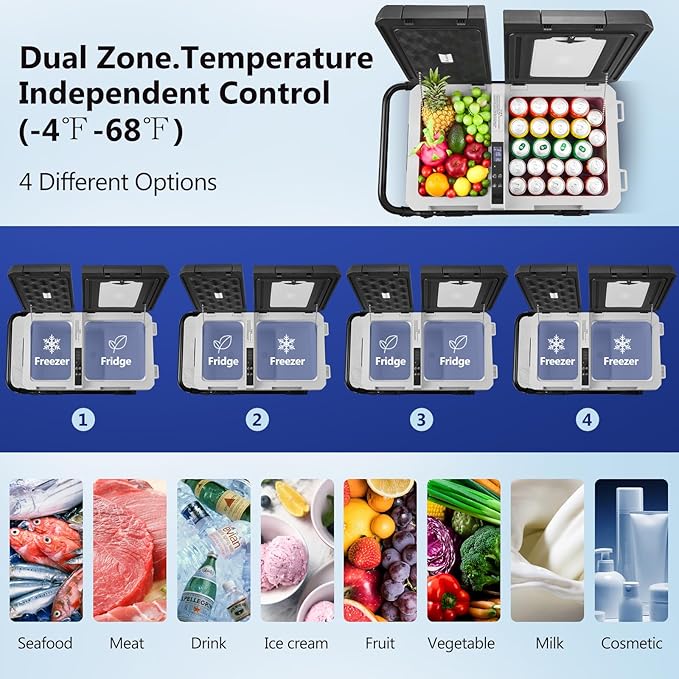 AAOBOSI 12 Volt Car Refrigerator, 45Qt (42L) Portable Car Fridge Freezer Electric Cooler Dual Zone Extension Handle, -4℉~68℉ 12/24V DC and 110-240V AC, Mini Fridge for Camping, Travel, Truck, RV
