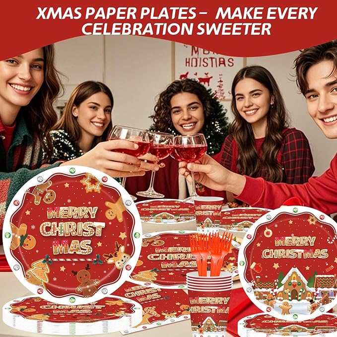 Christmas Party Supplies Set, Paper Plates And Napkins Sets for 25 Guests, Xmas Party Supplies With Plates, Cups, Napkins And Forks, Festive Disposable Christmas Heavy Duty For Holiday Dinners