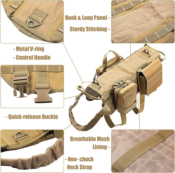 AIWAI Tactical Dog Harness with Pouches,Dog Vest Harness for Large Medium Dogs No-Pull Adjustable Military Dog Harness with Handle Walking Hiking Training (Khaki, S)